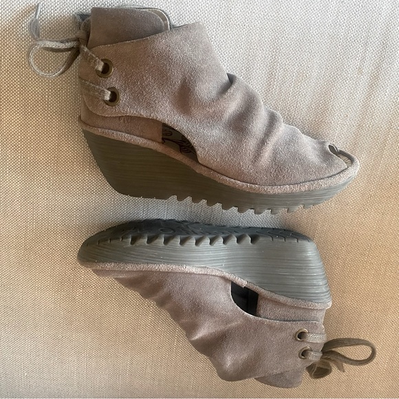 Fly London Suede Peep-Toed Booties with Wedge Heel and Tie Backs - Picture 3 of 8